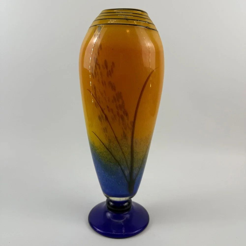 Art Glass Vase Amber Blue Cattail Reed Motif Pedestal Vase